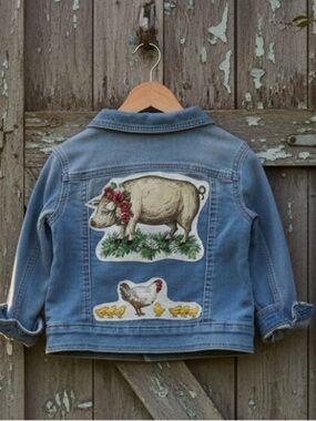 Upcycled Stretch Denim Kids Jacket Farm Animal Appliqué Western
